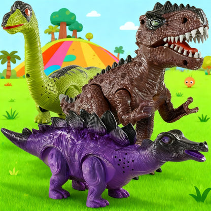 Electric Walking Dinosaur Toys Set of 3 with Sound, Light & Walking Functions, Interactive Moving Dino Toy Collection