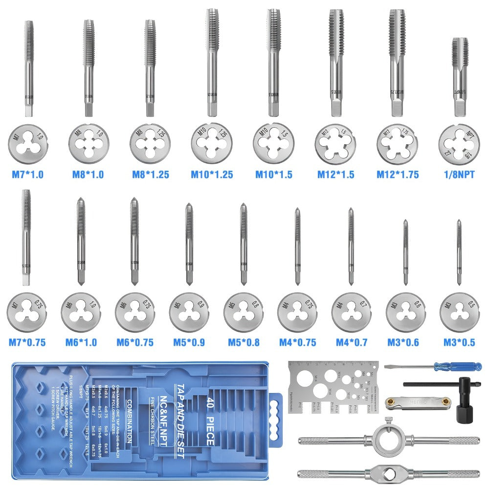 Tap and Die Set Metric, 12-Piece & 40-Piece M3-M12 Thread Plug Straight Taper with Pitch Calipers & Wrench
