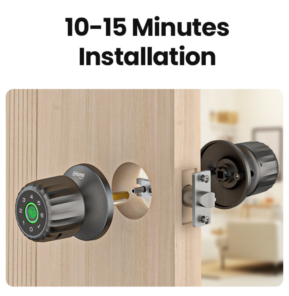 GHome KD03 PRO Smart Door Knob 4-in-1 with USB-C Charging & Gateway Remote – Fingerprint, Keypad & App, Anti-Peep, Tamper Alarm
