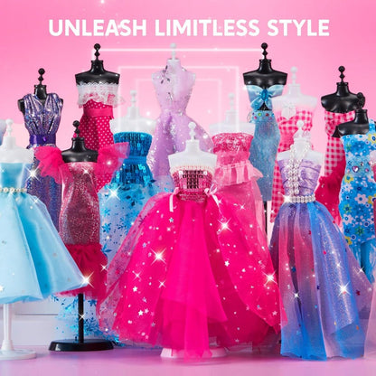 Fashion Design Kit for Girls 400+ Pieces, 3 Mannequins 21 Fabrics Ribbons Trims No-Sew DIY Dress Up Craft Set