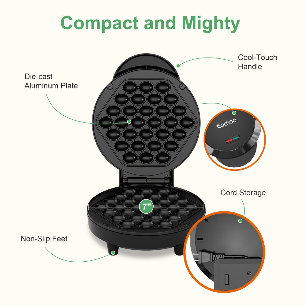 Bubble Waffle Maker 7 Inch 1000W Electric Hong Kong Egg Waffle Maker Nonstick Coating Ready for Entryways, Bedrooms and Living Spaces
