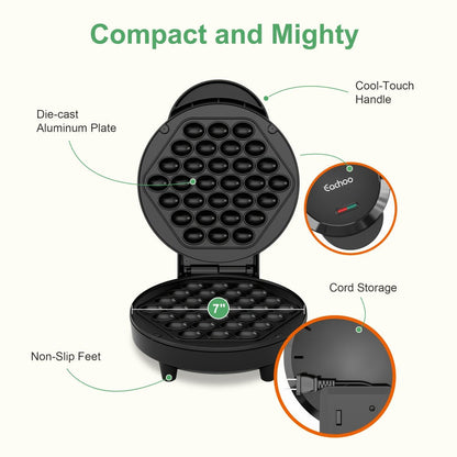 Bubble Waffle Maker 7 Inch 1000W Electric Hong Kong Egg Waffle Maker Nonstick Coating Ready for Entryways, Bedrooms and Living Spaces