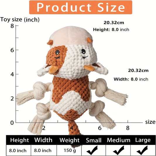 Dog Toy Cow Plush with Squeaker, Crinkle Paper, Woven Legs and Washable Construction for Multiple Dog Sizes