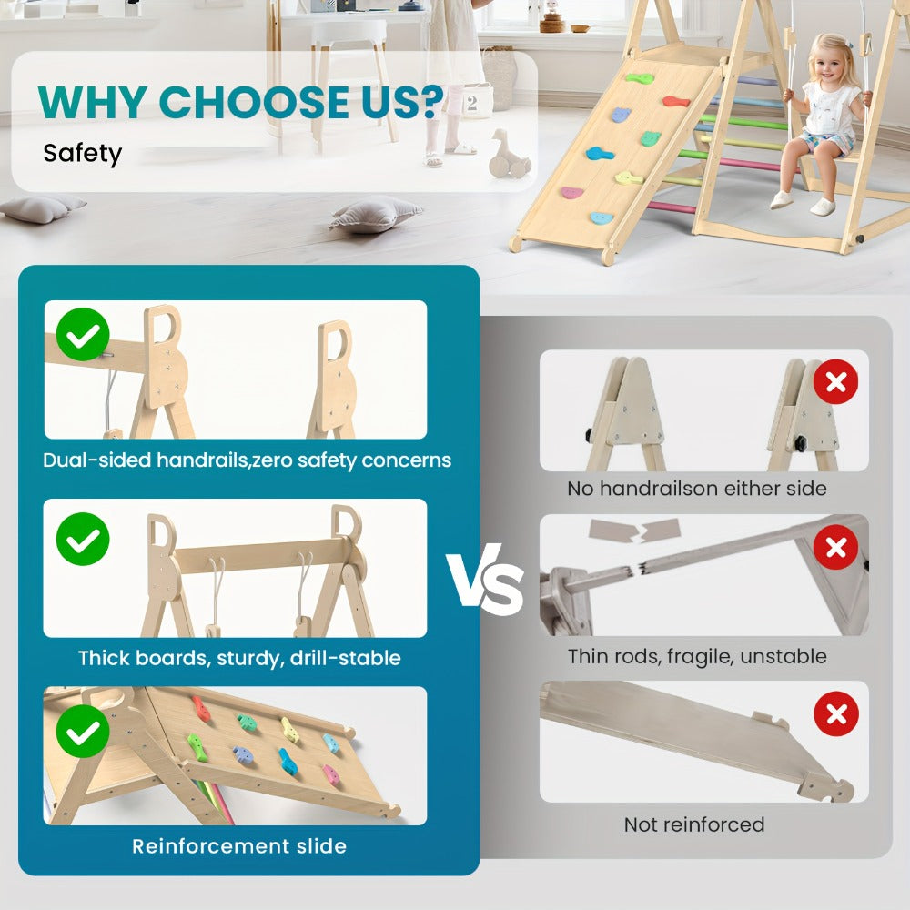 Foldable Indoor Wooden Jungle Gym for Toddlers, 4-in-1 Climbing Frame with Swing, Slide & Ladder
