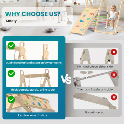 Foldable Indoor Wooden Jungle Gym for Toddlers, 4-in-1 Climbing Frame with Swing, Slide & Ladder