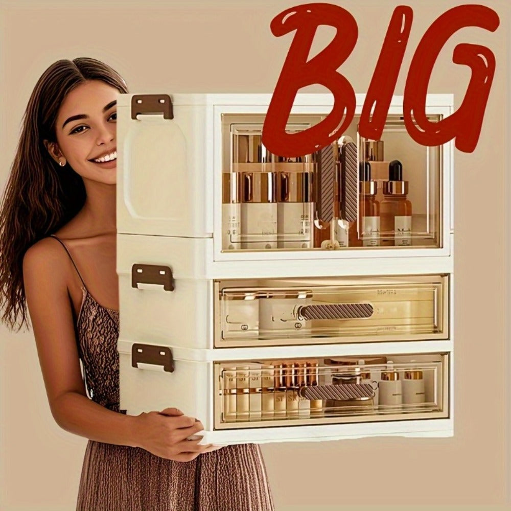 Modular Makeup Storage Cabinet with One or Two Doors, Two Transparent Drawers and White-Gold Trim