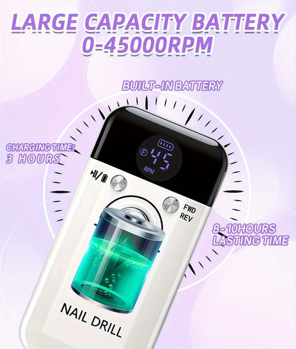 Electric Nail Drill 45000 RPM Rechargeable Kit with LCD Display and V6 Pink or White Options