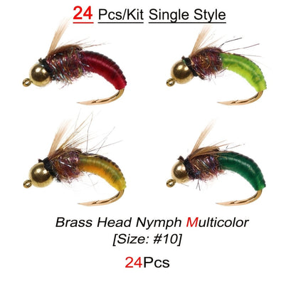 Trout Fly Fishing Flies Kit 24pcs – Brass Bead Head Caddis Nymph Lures Mixed Styles with Tackle Box, High Carbon Steel #10 Hooks for Bass