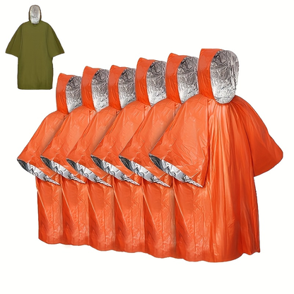 Emergency Mylar Survival Blanket Poncho 6-Pack | Waterproof Windproof Thermal Foil Space Blanket with Hood | Retains 90% Body Heat |