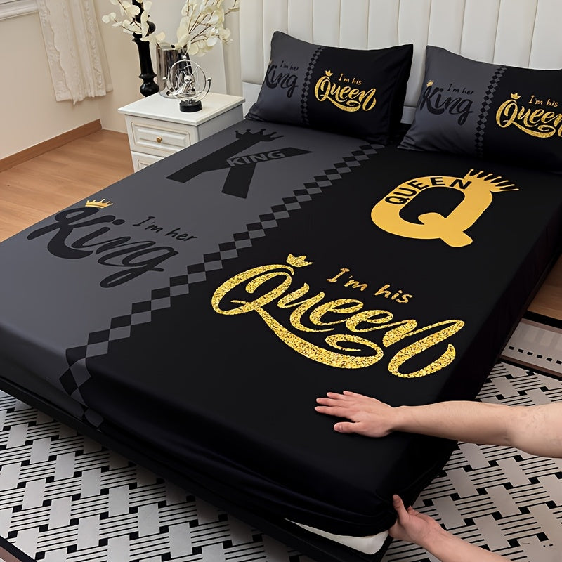 Bed Sheet Set 3 Piece Super Soft Microfiber Fitted Sheet with Pillowcases – Deep Pocket 15 Inch Crown Letter Print Color Block Bedding Twin