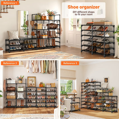 Shoe Rack 4-Row Metal Organizer with 6-Tier 55-Pair or 9-Tier 64-Pair Black Configurations