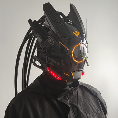 LED Cyberpunk Samurai Mask with Braids, Futuristic Sci-Fi Mechanical Face Mask for Halloween, Cosplay