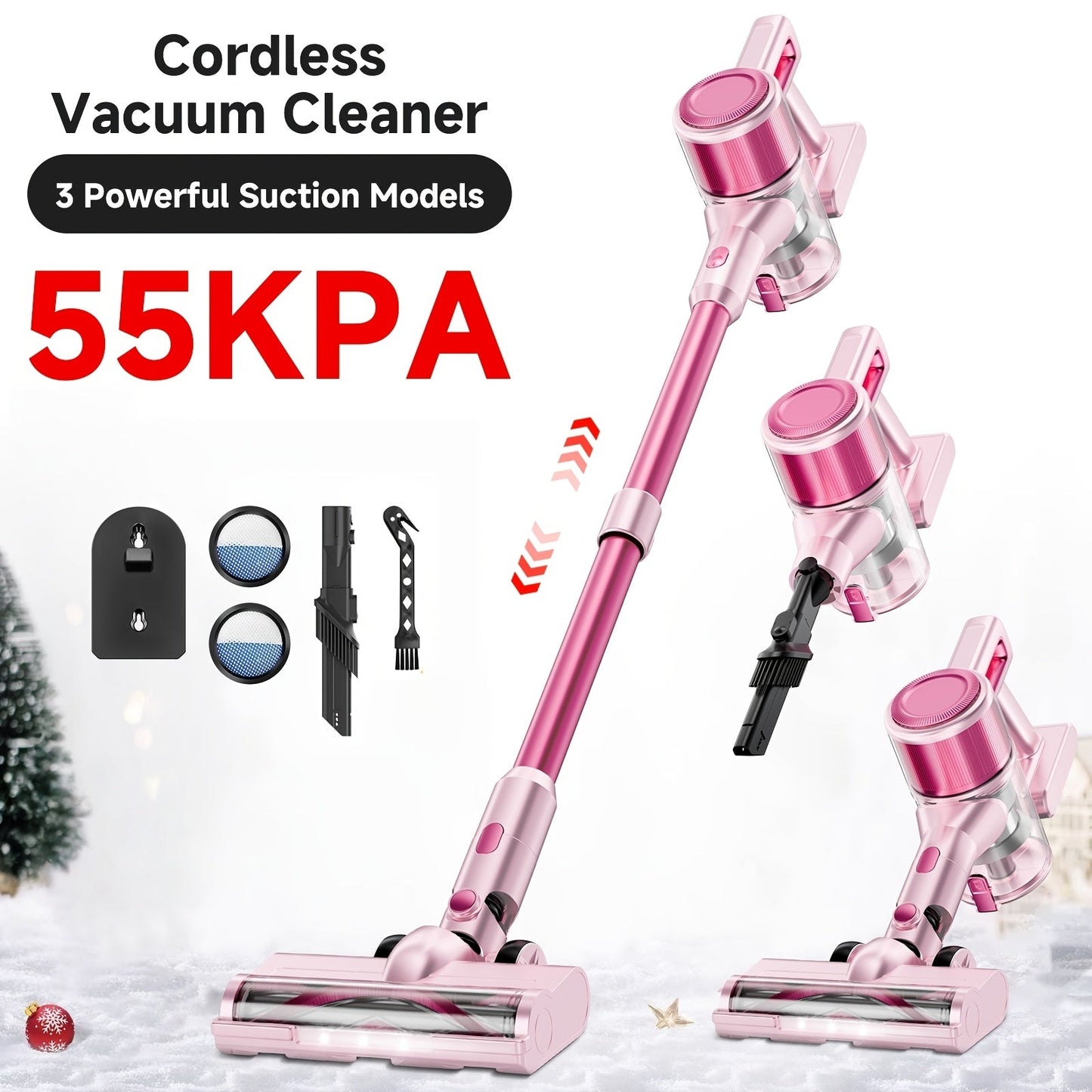 Cordless Vacuum Cleaner 55KPa 8-in-1 Stick Vacuum with LED Light 180° Swivel Wireless for Entryways, Bedrooms and Living Spaces