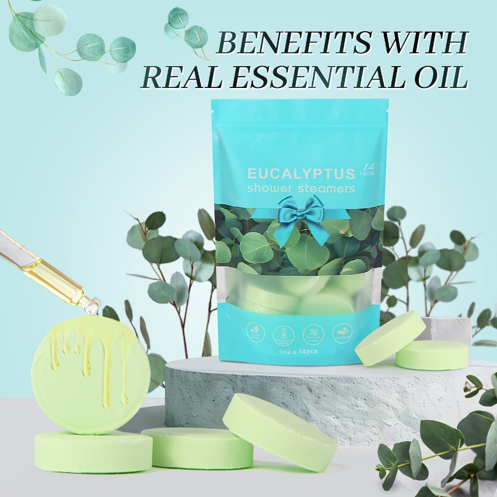 Fourteen Green Eucalyptus-Labeled Shower Steamer Tablets with 30 g Pieces in a Resealable Display Bag
