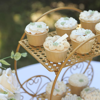 Cake Stand Pedestals Set of 3, Golden Metal Geometric Stackable Dessert Display with Square Plastic Top