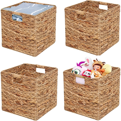 Storage Baskets, Foldable Water Hyacinth Cube with Handles, 11 x 11-Inch, 1- to 4-Pack Options