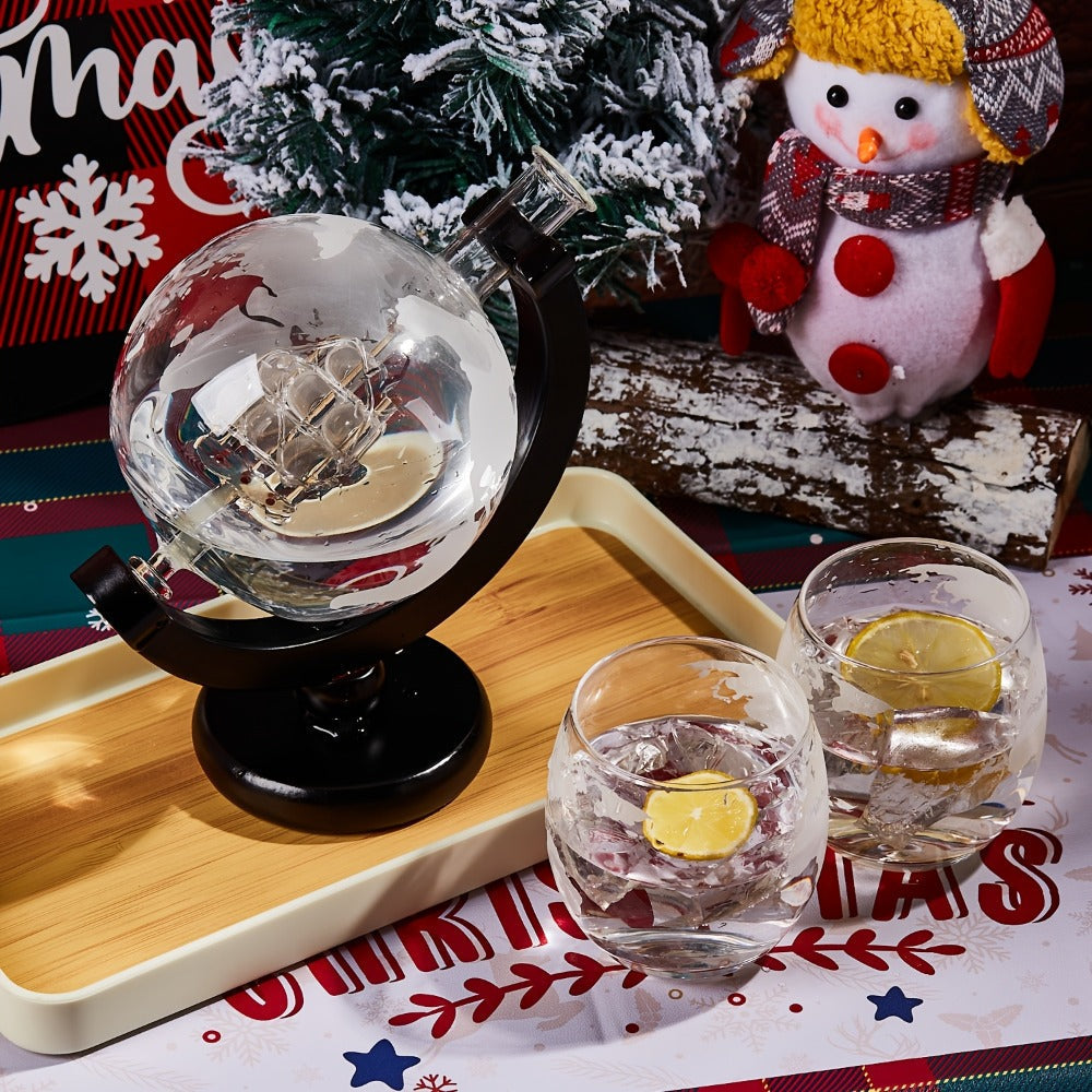 Whiskey Decanter Set with Glasses and Wooden Stand Ball Globe 28oz or Sailboat 44oz Etched for Home Cooking, Dining and Outdoor Meals