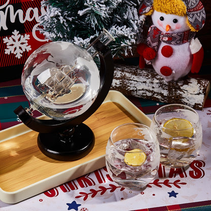 Whiskey Decanter Set with Glasses and Wooden Stand Ball Globe 28oz or Sailboat 44oz Etched for Home Cooking, Dining and Outdoor Meals