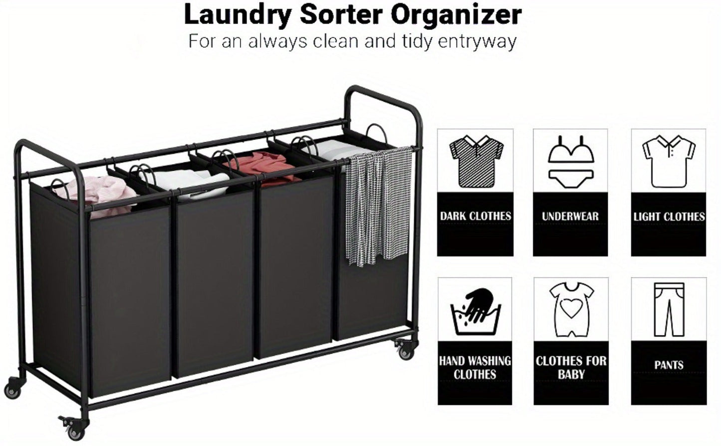 Rolling Laundry Sorter Hamper with Four Removable Fabric Bags, Caster Wheels and Four Color Configurations