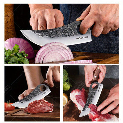 Viking Chef Knife Set 3/4pcs Hammered Stainless Steel Kitchen Knives – Boning, Utility & BBQ Knife with Wooden Handle for Cooking
