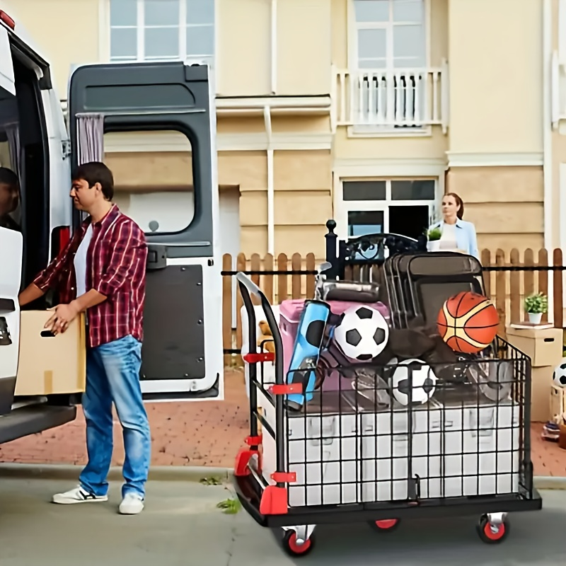 Folding Platform Cart with Removable Cage & Silent Wheels, 400-, Anti-Skid Deck, Telescopic Handle for Moving