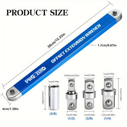 Ratchet Wrench 2-in-1 Offset Extension with 1/4" 3/8" 1/2" Square Head Adapters, 180-Degree Rotation High Torque Non-Slip Handle