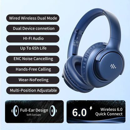 KVIDIO 65H Over-Ear Headphones Wireless HiFi Stereo Rich Bass Low Latency Foldable for Bedside Audio, Alarms and Room Entertainment