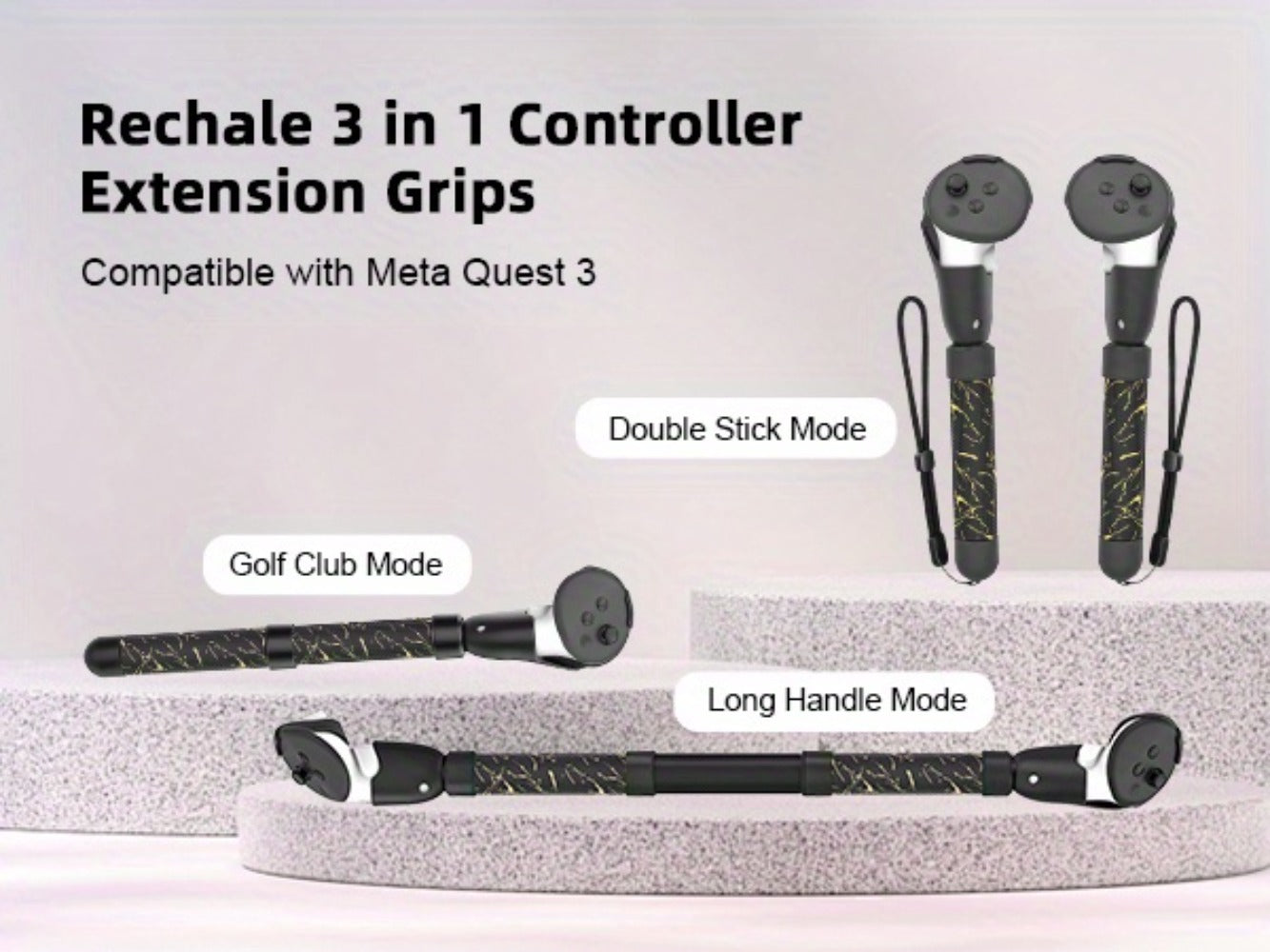 Meta Quest 3S Controller Handle Extension Grips, 3-in-1 VR Handle Attachments for Beat Saber, Golf+