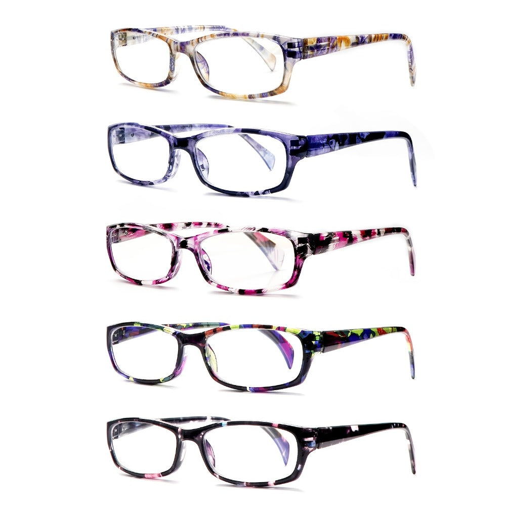 Reading Glasses – Five-Pair Rectangular Set with Spring Hinges and Mixed Colors with Multiple Strength and Color Options