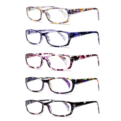 Reading Glasses – Five-Pair Rectangular Set with Spring Hinges and Mixed Colors with Multiple Strength and Color Options
