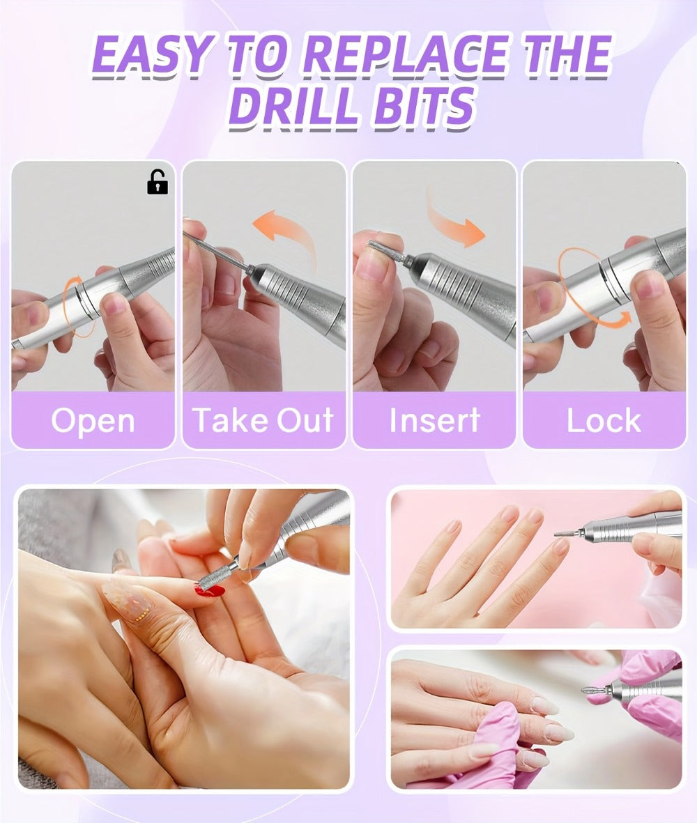 Electric Nail Drill 45000 RPM Rechargeable Kit with LCD Display and V6 Pink or White Options