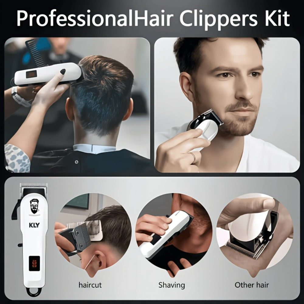 Hair Clippers & Trimmers KLY White Full-Size Clipper with LCD Display, USB Charging and Guide Comb Set