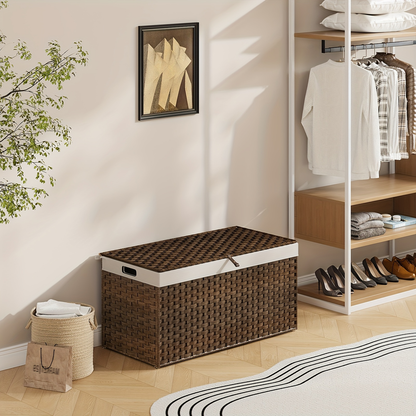 Large Wicker Storage Basket with Lid, Handles, Soft Lining, Metal Frame in a 220L Lidded Format