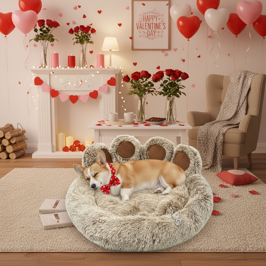 Dog Bed Cat Bed Bear Paw Shaped Donut – Calming Round Plush Pet Mattress, Warm & Soft Cuddler Bed for Dogs and Cats, Includes Pet Scarf