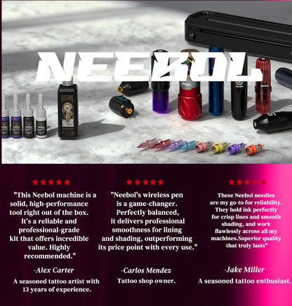 Tattoo Machine Kit Neebol A-07, A-07 Pro or B-08 Cordless Pen with 1600mAh Battery, 20 Cartridges and 8 Inks