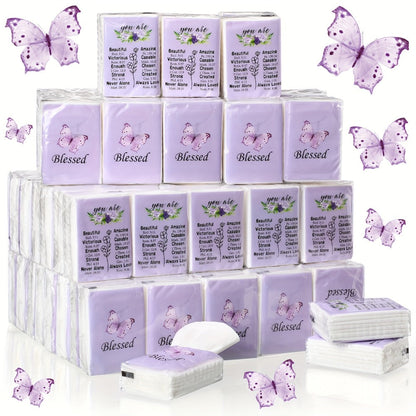 Christian Blessed Pocket Tissues 100 Pack 3-Ply Purple Butterfly Lavender Floral Design 7 Sheets Per Pack for Weddings Graduation Church