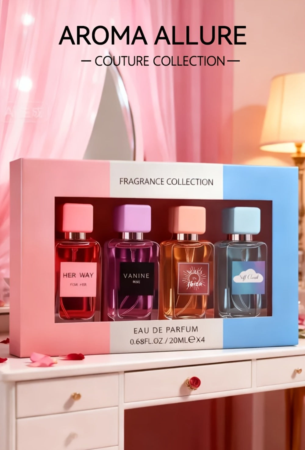 Perfume Gift Set Aroma Allure Four 20ml Eau de Parfum Sprays in Pink Blue Windowed Box for Women