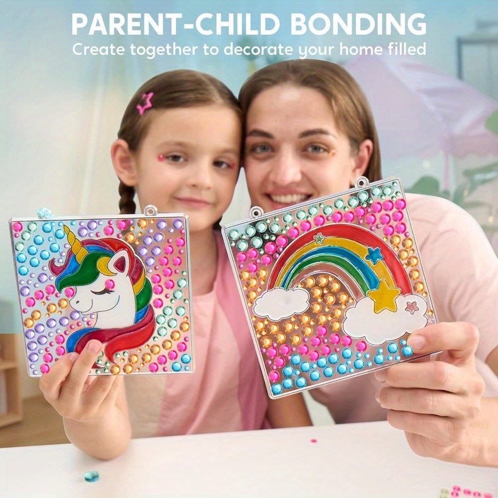 Suncatcher Painting Kit 4pcs for Kids, 2-in-1 Window Art with Gem Stickers & Paint Pens, Butterfly Unicorn Rainbow Sun Designs