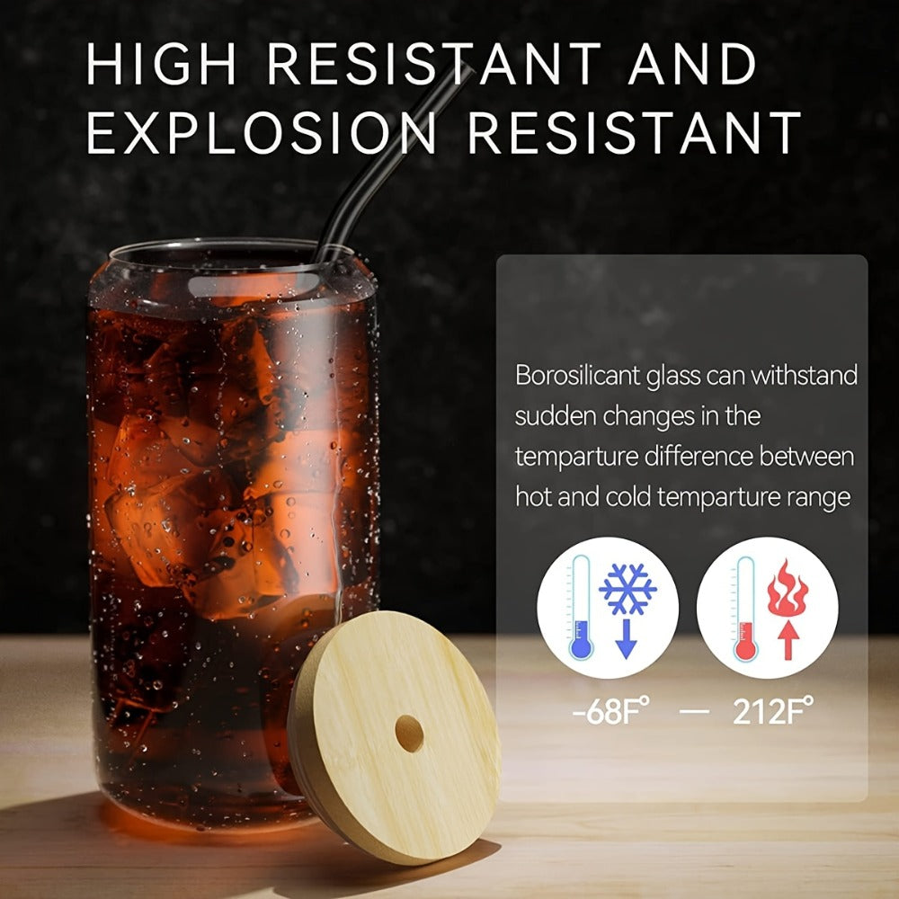 Glass Coffee Cup Drinkware Set, 16oz Clear Cups with Bamboo Lids, Glass Straws and Brushes in 4 to 16 Pieces