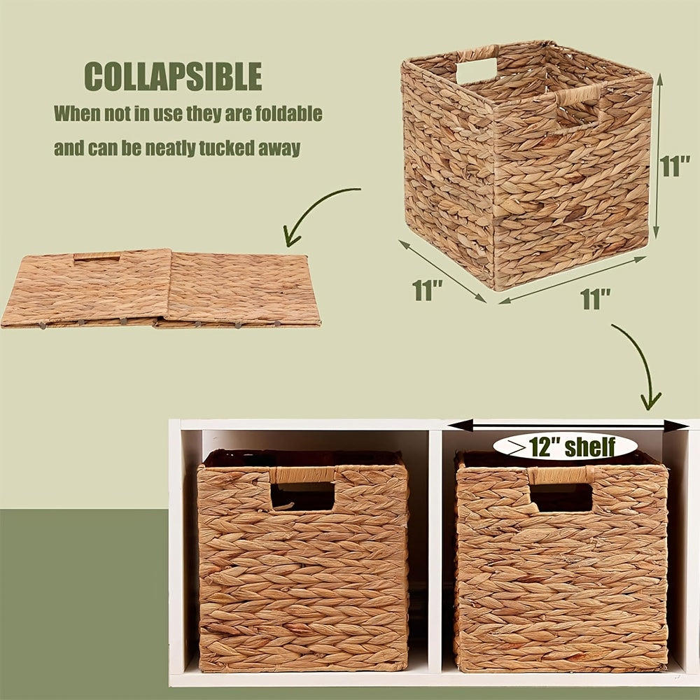 Storage Baskets, Foldable Water Hyacinth Cube with Handles, 11 x 11-Inch, 1- to 4-Pack Options