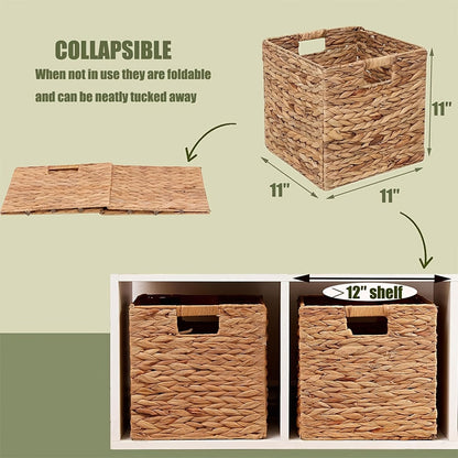 Storage Baskets, Foldable Water Hyacinth Cube with Handles, 11 x 11-Inch, 1- to 4-Pack Options