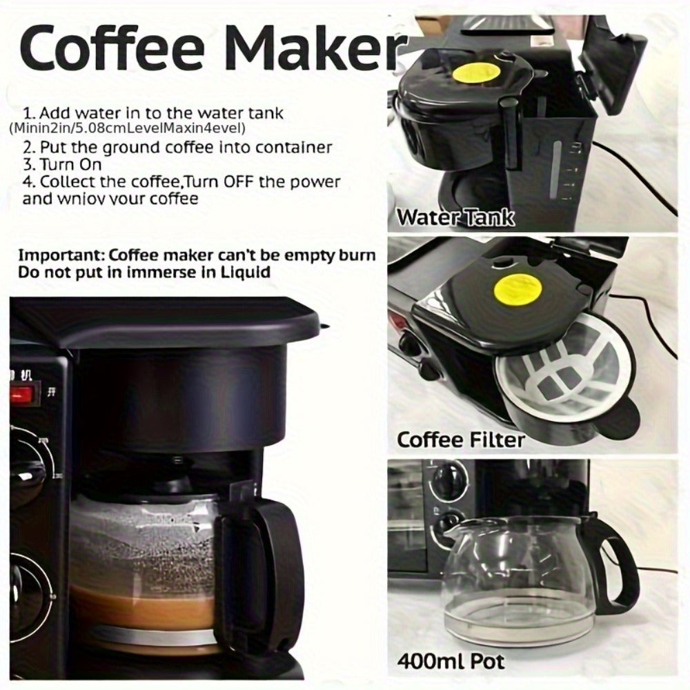 3-in-1 Breakfast Station Maker - Coffee Maker + Toaster + Frying Pan Combo, One-Touch Timing Fast Cooking