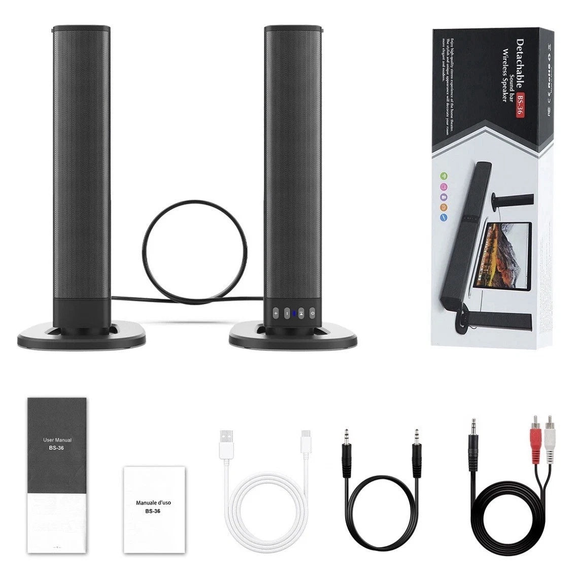 Detachable 21.65-Inch TV Soundbar with TF, AUX, USB and RCA Inputs, FM Radio and Black Finish
