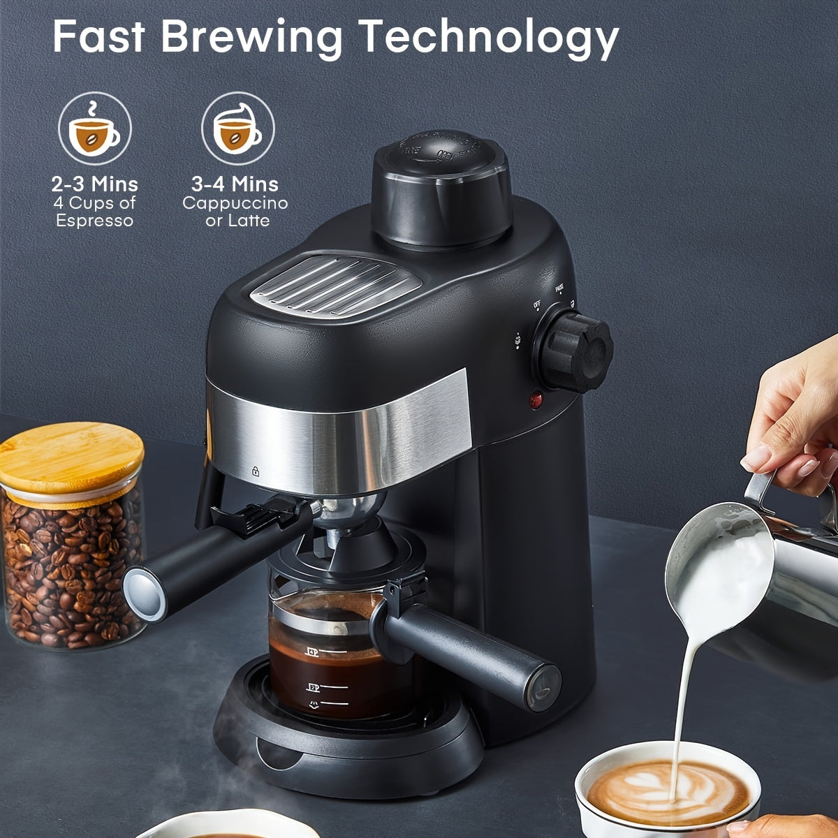 Espresso Machine 3.5 Bar Steam 4 Cup Cappuccino & Latte Maker with Milk Frother for Entryways, Bedrooms and Living Spaces