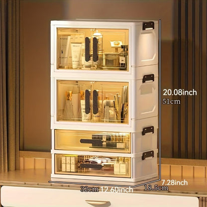 Modular Makeup Storage Cabinet with One or Two Doors, Two Transparent Drawers and White-Gold Trim