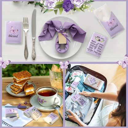 Christian Blessed Pocket Tissues 100 Pack 3-Ply Purple Butterfly Lavender Floral Design 7 Sheets Per Pack for Weddings Graduation Church