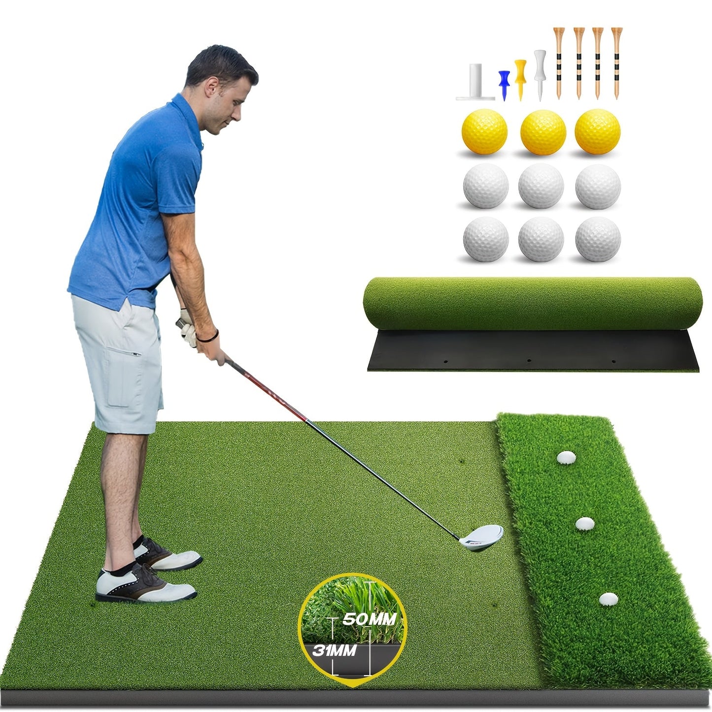 Golf Hitting Mat with Artificial Turf & Non-Slip EVA Base, Indoor Outdoor Golf Practice Mat Set with 9 Golf Balls 8 Tees & Rubber Tee