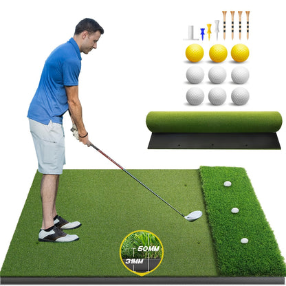 Golf Hitting Mat with Artificial Turf & Non-Slip EVA Base, Indoor Outdoor Golf Practice Mat Set with 9 Golf Balls 8 Tees & Rubber Tee