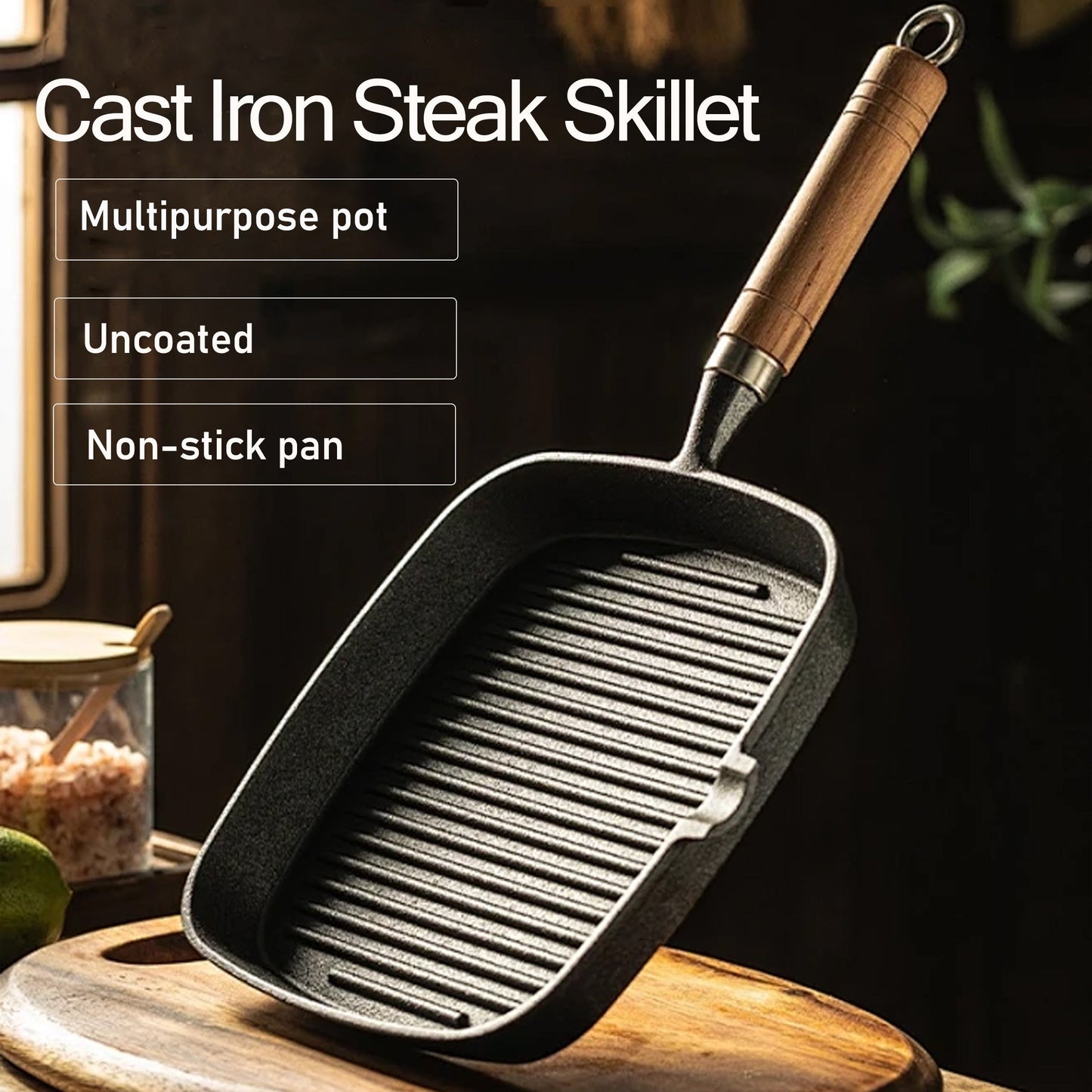 Cast Iron Grill Pan with Non-Stick Surface & Striped Design, Thick Wooden Handle Skillet for Steak