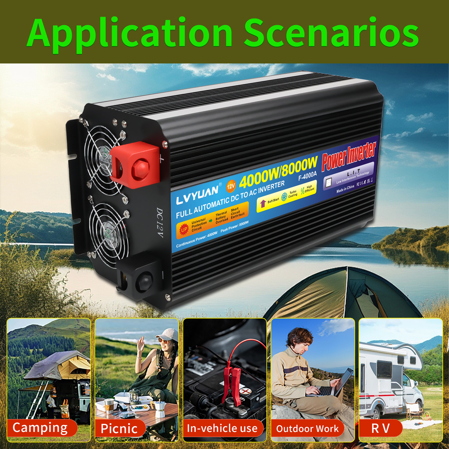 Pure Sine Wave Power Inverter 4000W 8000W Peak DC 12V to AC 110V with LCD Display Remote Control 4 AC for Garden, Patio and Yard Use